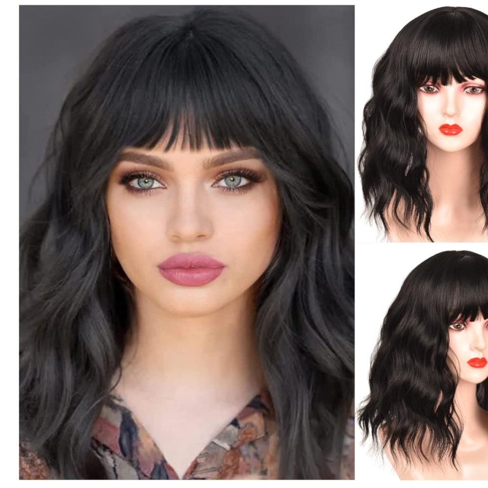 NEW 14” Quality Black Wavy Bob Wig with Bangs Women Shoulder Length Halloween